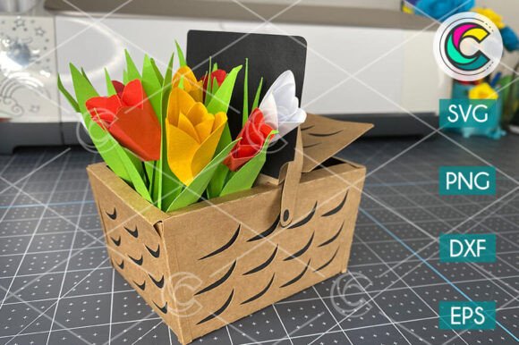 3D Paper Basket with Tulip Flowers SVG