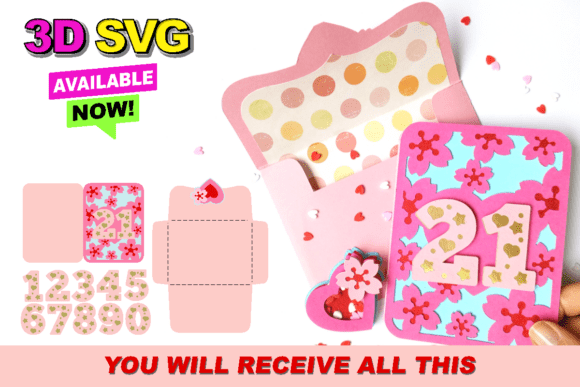 Cherry Blossom Card and Envelope 3D SVG