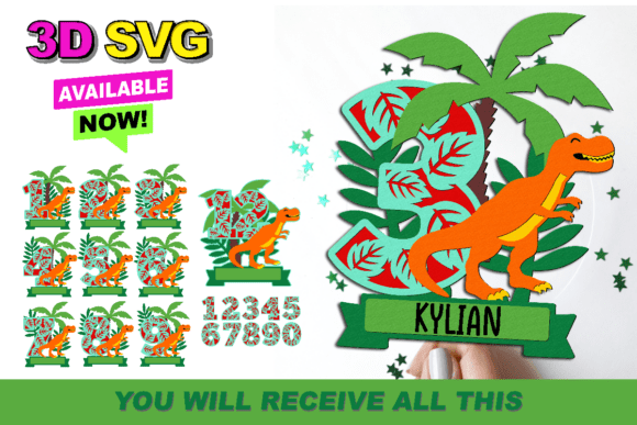 Dinosaur Numbers Topper 3D SVG