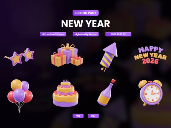 New Year 2026 Celebration 3D Icon Pack